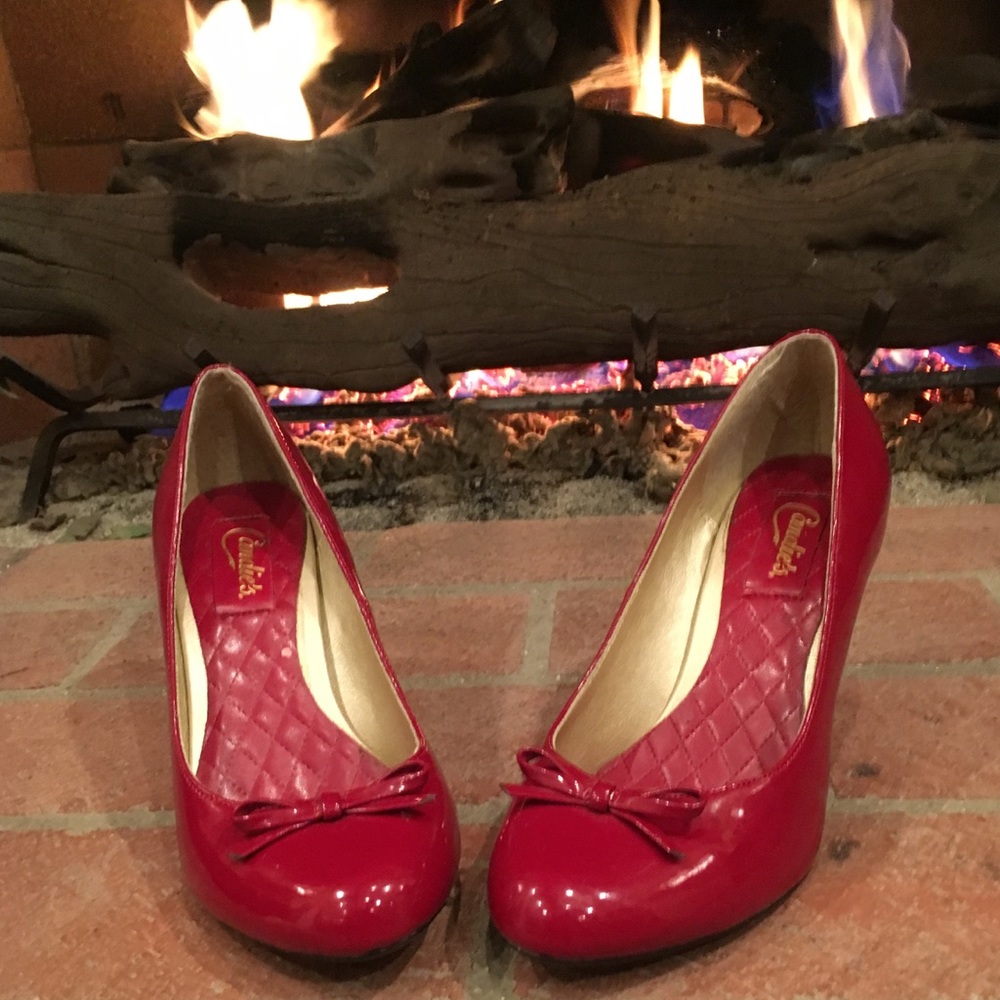 Candies Red Pumps with Red Bows on Toes-Size 7